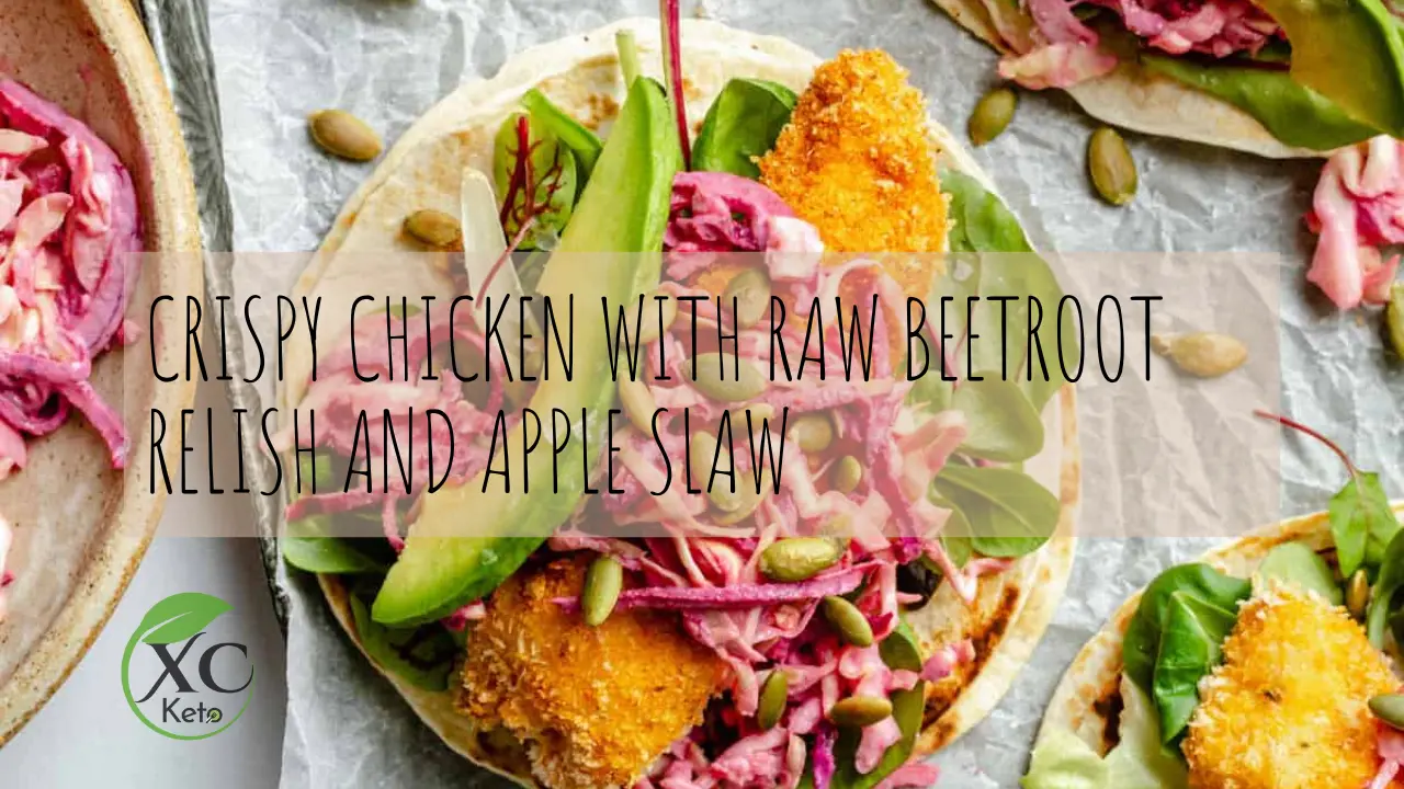 Crispy chicken with raw beetroot relish and apple slaw